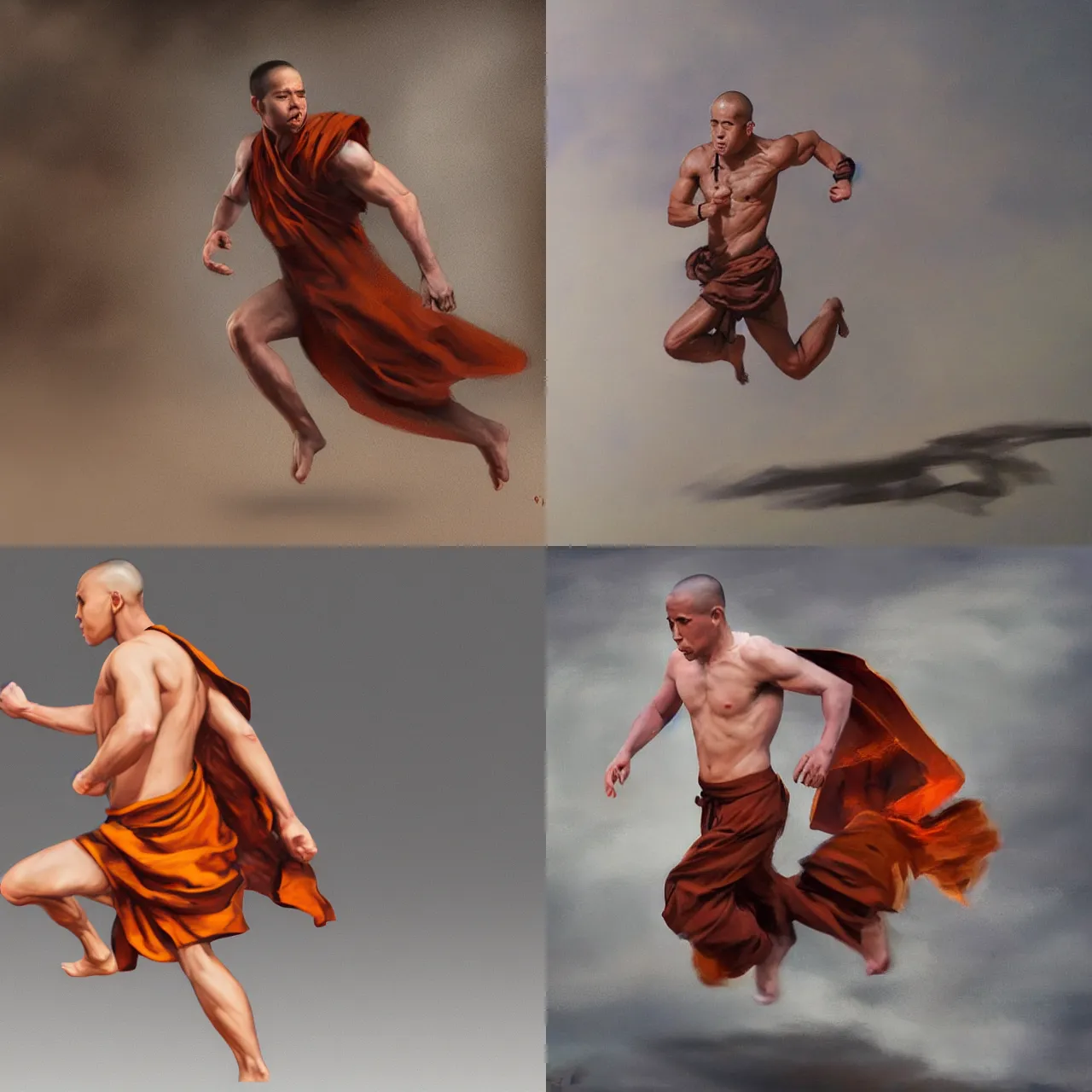 Prompt: male monk running at full speed without shirt, concept art, oil painting, DND,