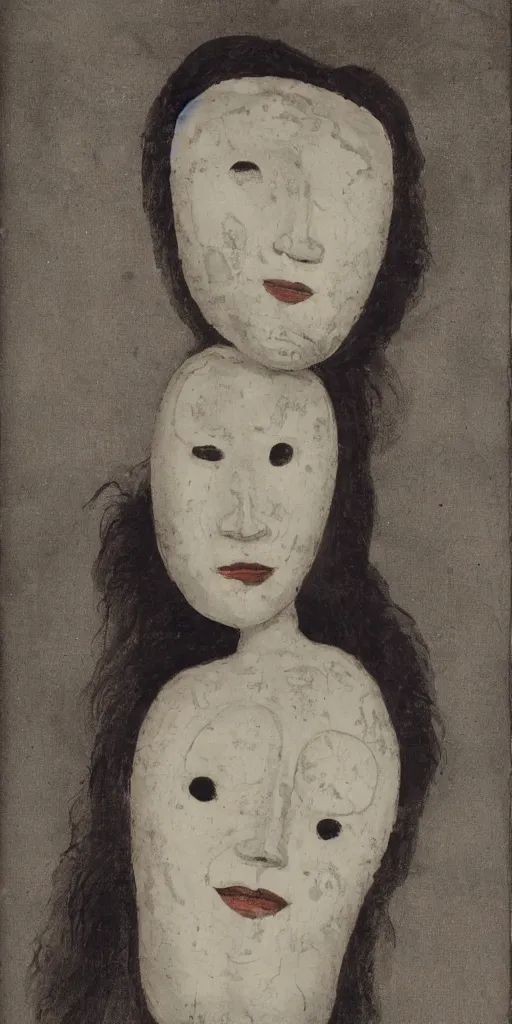 Prompt: the figure of a woman wearing many masks