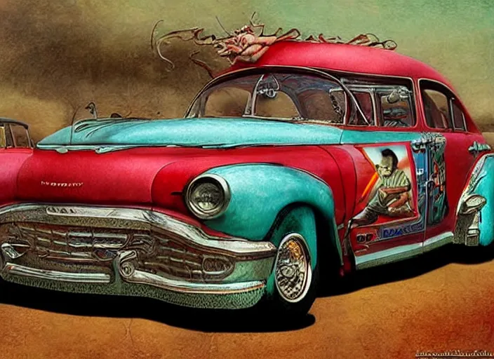 Image similar to americana dream cars, lowbrow, matte painting, 3 - d highly detailed, in the style of mark ryden,