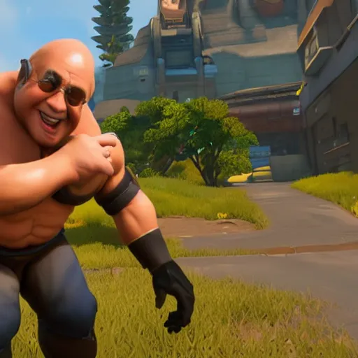 Image similar to in-game screenshot of Danny Devito in Overwatch (2016)