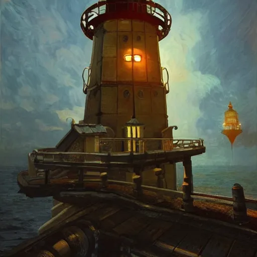 Image similar to The lighthouse from bioshock, extreme detail, vivid lighting, bloom, tasteful drawing, shadows, 8k by Ilya Repin