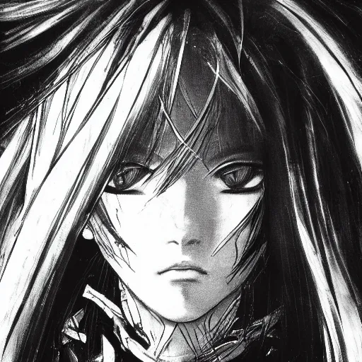 Image similar to yoshitaka amano blurred!!! and dreamy illustration of an anime girl with wavy white hair and cracks on her face wearing elden ring armor with the cape fluttering in the wind, abstract black and white patterns on the background, noisy film grain! effect, highly detailed, renaissance oil painting, weird portrait angle