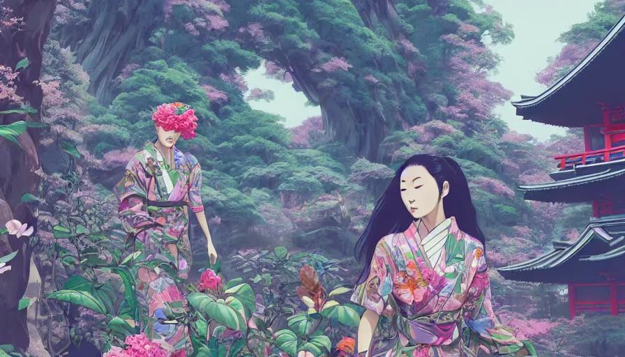 Prompt: a digital painting of a magical japanese temple with a woman wearing gucci exploring, lush plants and flowers, eco - cyberpunk art by james jean, cgsociety, retrofuturism, anime aesthetic, chromatic, iridescent, uhd