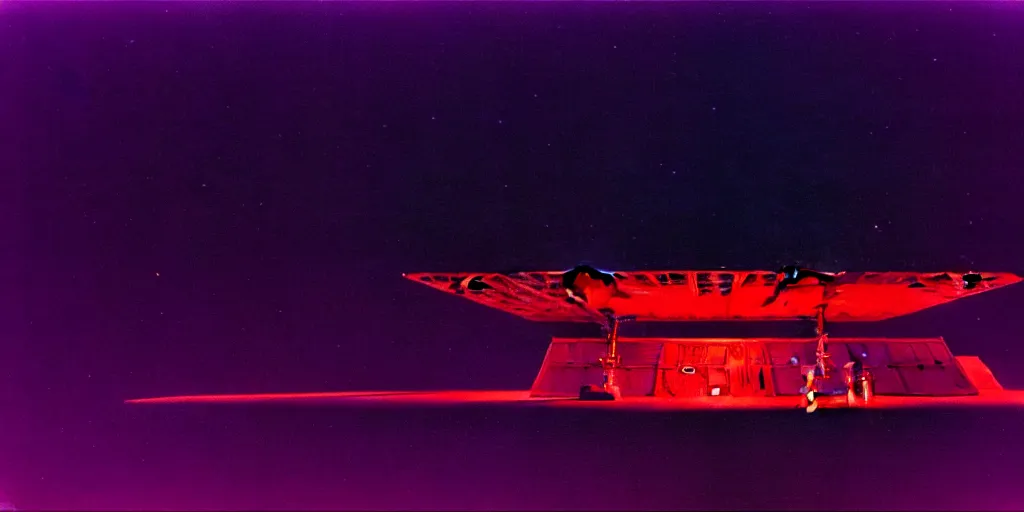 Image similar to low wide angle shot of a space station at night, cyber punk, set design by Ed Wood, cinematography by Jim Jarmusch, composition by Hale Woodruff, background by Zdzisław Beksiński.