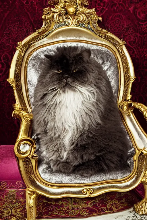 Image similar to a silver gelatin photo portrait of a magnificent fluffy fat royal cat on an embroidered velvet cushion on a neo - rococo gilded little bed, by david lachapelle, photorealistic, photography, wide shot