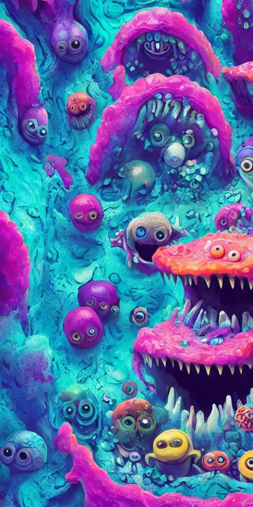 Image similar to of a colorful deep sea cave with strange cute friendly happy creatures with huge eyes, mouth, long tongue and round teeth appearing from sandy coral, in the style of gehry and gaudi, macro lens, shallow depth of field, ultra detailed, digital painting, trending artstation, concept art, illustration, cinematic lighting, photorealism, epic, octane render