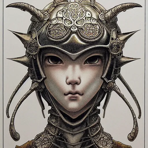 Image similar to prompt: Fragile looking vessel portrait soft light drawn by Takato Yamamoto, inspired by Fables, ancient chrome shiny knight armor, magical and alchemical weapons, soft light, white background, intricate detail, intricate oil painting detail, sharp high detail, manga and anime 2000