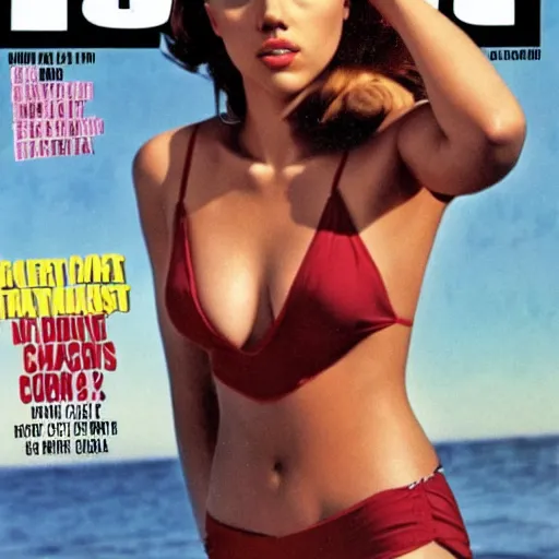 Prompt: Scarlett Johansson on the cover of Swimsuit Illustrated (1970)