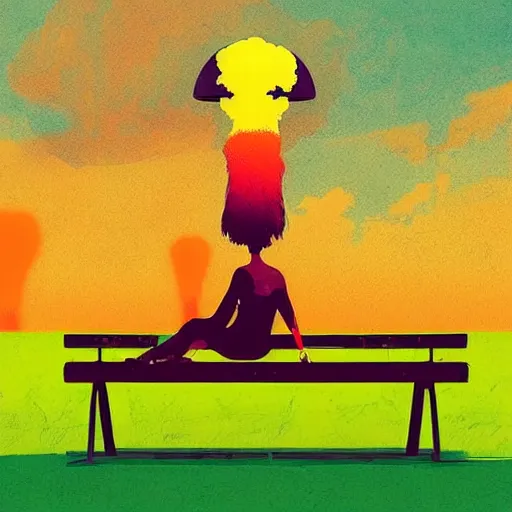 Prompt: girl sitting on a park bench nuclear explosion in the background, nuclear mushroom cloud, by conrad roset, digital art