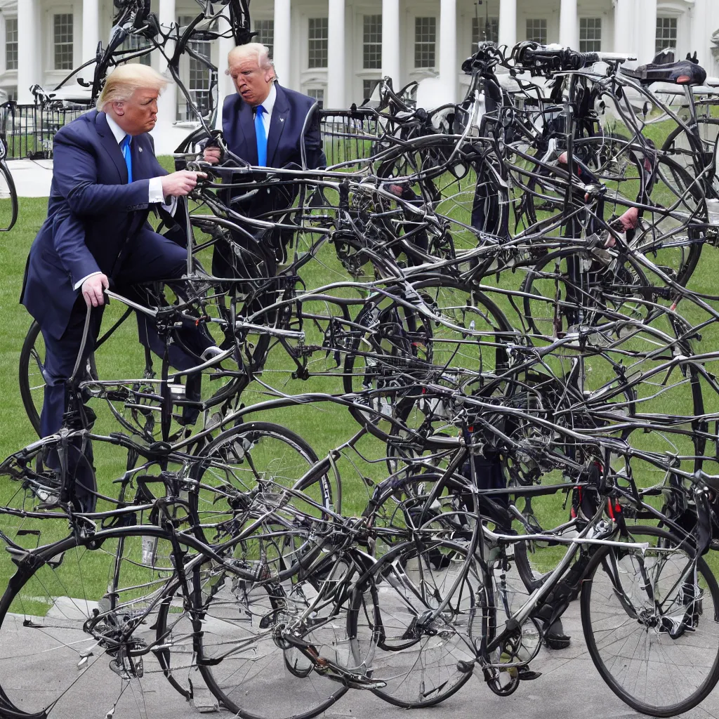 Image similar to trump repairs one bicycle outside the white house