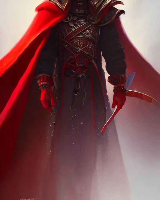 Image similar to painting of a wicked cool baron in a red cloak, fantasy, artstation, cgsociety, ultra high detail, stylized, centered