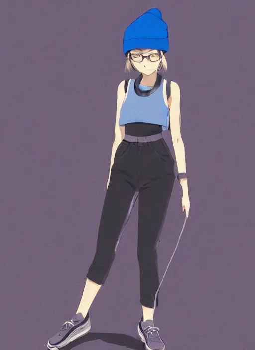 Prompt: Outfit concept of an anime girl wearing a black grey and blue crop top, rounded eyeglasses, a beanie, and sneakers grey. painted by Simon Stålenhag, detailed, deviantart, high quality, masterwork, raytraced, amazing detail, glorious lighting, well lit, raytraced, detailed, concept art, trending on artstation, artstation