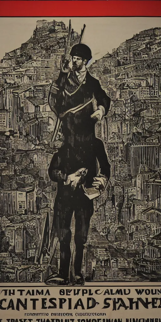 Image similar to 1 9 0 8 capitalism propaganda poster, black and white engraving on antique yellowed paper, with red ink used for emphasis, eastern european look, serious face of leader in the middle of poster, with intricate imagery of buildings and factories and laborers in the background