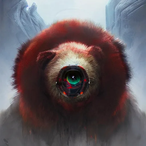 Image similar to realistic portrait of a grox from spore, red furry cyborg creature with one robotic eye, head of a bear, pointy ears, dramatic lighting, illustration by greg rutkowski, yoji shinkawa, 4 k, digital art, concept art, trending on artstation