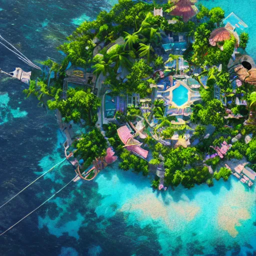 Prompt: a beautiful render of an anime island paradise from above by makoto shinkai, soft details, graphic art