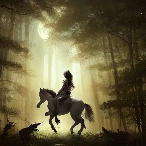 Image similar to beautiful tattooed woman with short curly brown hair riding unicorn through the woods full moon, landscape, scenery, oil painting, Tooth Wu, Greg Rutkowski, RPG, dynamic lighting, fantasy art, High contrast, depth of field