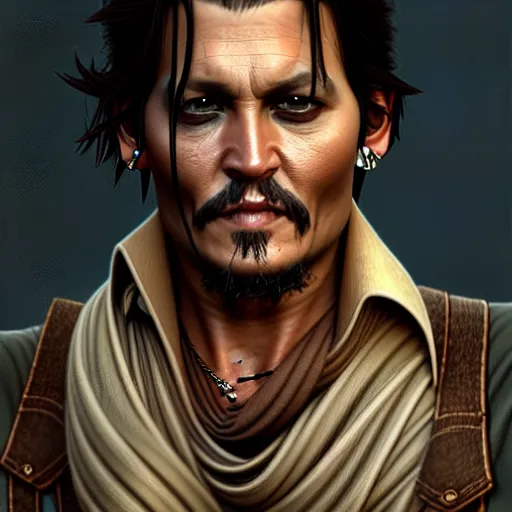 Image similar to Johnny Depp as Nathan Drake, western, D&D, fantasy, intricate, elegant, highly detailed, digital painting, artstation, concept art, matte, sharp focus, illustration, art by Artgerm and Greg Rutkowski and Alphonse Mucha