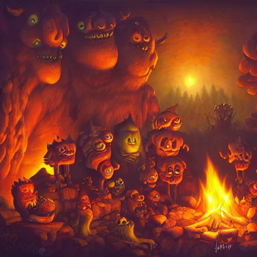 Prompt: monsters around a campfire by justin gerard, deviantart