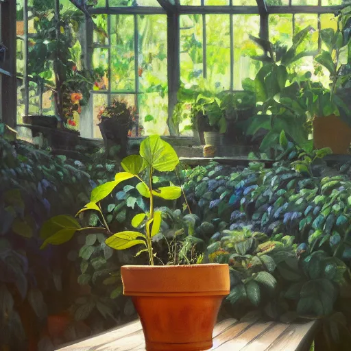 Image similar to leaves grow from a head in a pot, on wooden table in the ray of sunshine in greenhouse, oil painting, sharp focus, high detailed, calm, warm lighting, sparkles, by Rutkowsky,