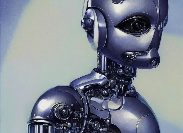 Image similar to a portrait of cyber - dog of sci fi metallic human, bright eyes, melancholic complex geometric figure liminal machinery by oskar schlemmer, moebius, john berkey, film grain, oil on canvas, portrait facial head, featured on artstation, hd wallpaper, 8 k by yoji shinkawa