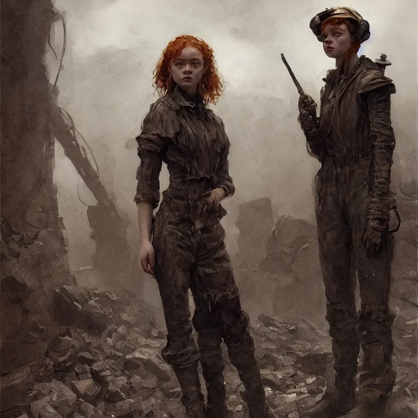 Prompt: sadie sink as a miner : costume design concept art for a scifi cyberpunk film. by greg rutkowski, john j. park, jason chan, noah bradley, feng zhu, gintas galvanauskas, gustave courbet, rosa bonheur, edward hopper. sharp focus, cinematic atmosphere, detailed and intricate, perfect anatomy