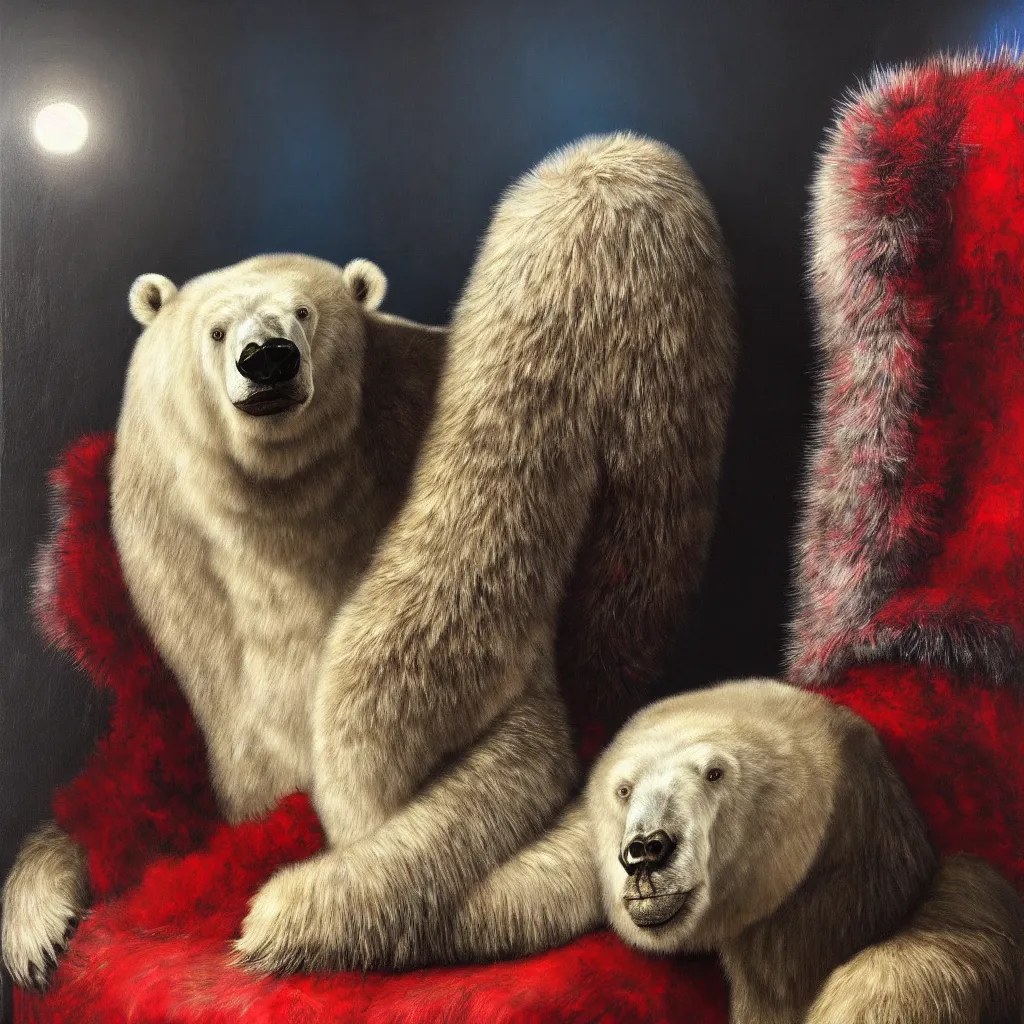 Prompt: rare hyper realistic painting by rembrandt, studio lighting, brightly lit blue room, a giant skinny polar bear zebra with massive glass horns, covered in red slime, sitting, a silver throne, real fur, real feather, real hair, real skin