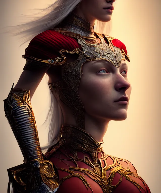 Prompt: hyperrealistic mixed media painting of a beautiful young female battlemage, stunning 3d render inspired art by P. Craig Russell and Barry Windsor-Smith + perfect facial symmetry + dim volumetric lighting, long flowing white hair, pale skin, ornate crimson gothic armor, dizzy, full body, confident heroic pose, 8k octane beautifully detailed render, post-processing, extremely hyperdetailed, intricate, epic composition, grim yet sparkling atmosphere, cinematic lighting + masterpiece, trending on artstation, very very detailed, masterpiece, stunning