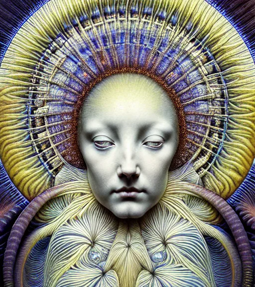 Image similar to detailed realistic beautiful sun goddess face portrait by jean delville, gustave dore, iris van herpen and marco mazzoni, art forms of nature by ernst haeckel, art nouveau, symbolist, visionary, gothic, neo - gothic, pre - raphaelite, fractal lace, intricate alien botanicals, ai biodiversity, surreality, hyperdetailed ultrasharp octane render