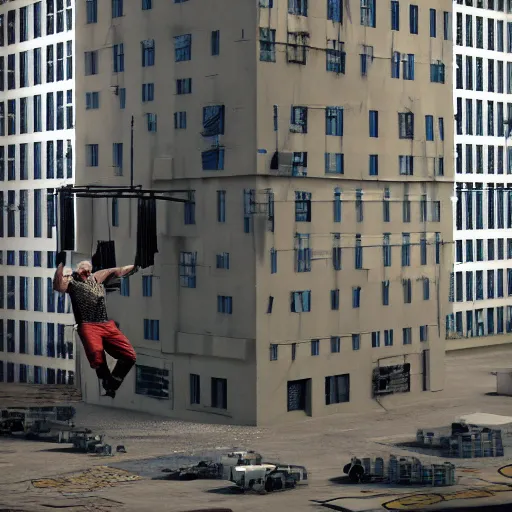 Prompt: unbelievable picture of man lifting an entire building 4 k 3 d render on maya blender trending on artstation