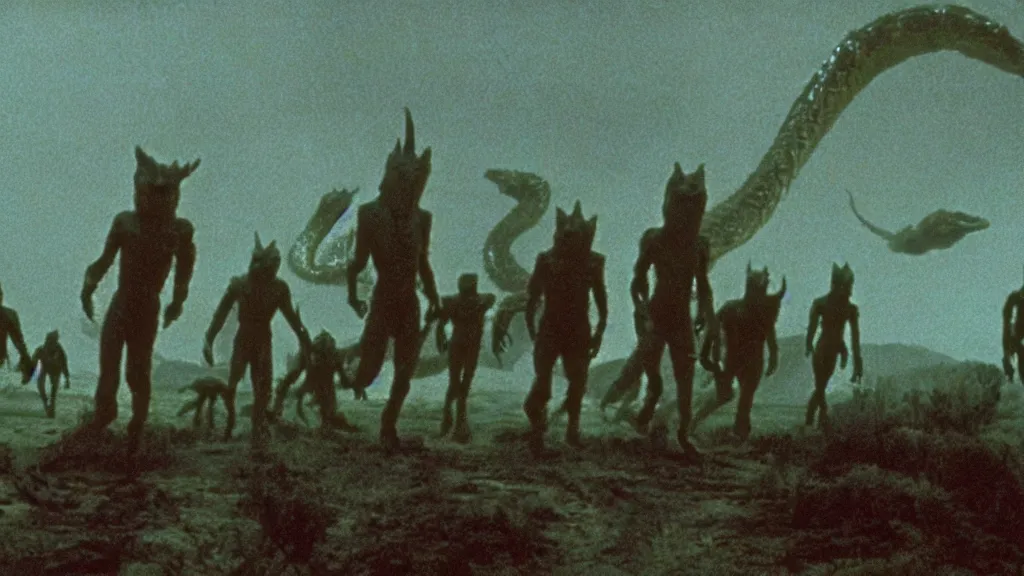 Prompt: movie scene of a group of draconian humanoid arriving to earth, reptil, reptilian, movie still, cinematic composition, cinematic light, criterion collection, reimagined by industrial light and magic, Movie by David Lynch and Ridley Scott