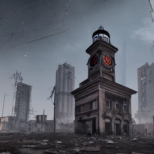 Image similar to a clock tower in an abandoned apocalyptic city, cyberpunk aesthetic