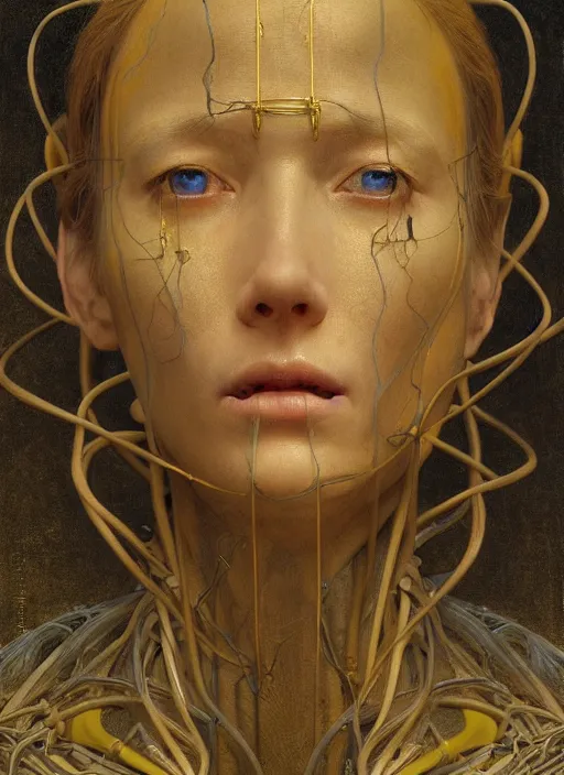 Image similar to Woman masterpiece, beautiful eyes, yellow, golden halo behind her head, wires everywhere, by Edgar Maxence and Ross Tran, Zdzisław Beksiński, and Michael Whelan, distant, gustav dore, H.R. Giger, 8k, octane render