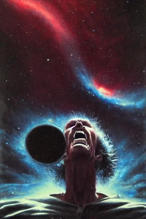 Image similar to an old man screams and a tornado comes out of his mouth by artgem and les edwards, highly detailed, high contrast, light reflection, trippy, nebula, trending on artstation