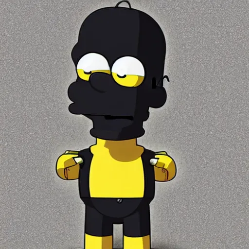 Image similar to a cyborg Homer Simpson, made of matte metal. His eyes are white with a black pupil. It is a whole head and body image