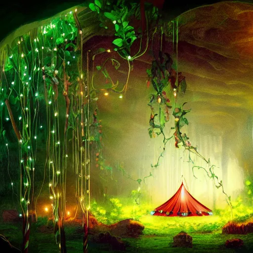 Prompt: circus tent in lush cave with glowing emeralds and rubies and vines hanging from the ceiling, sharp focus, cinematic light, artgerm, cgsociety, desaturated, highly detailed