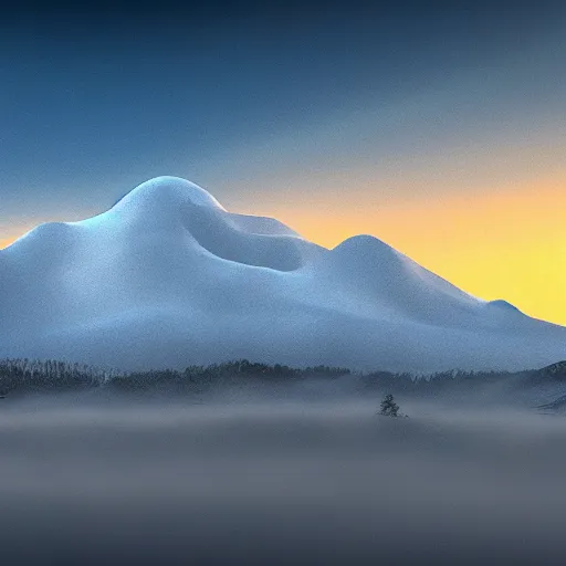 Prompt: tall snowy mountain, realistic, detailed, fog, award winning photo, sunset, 8 k