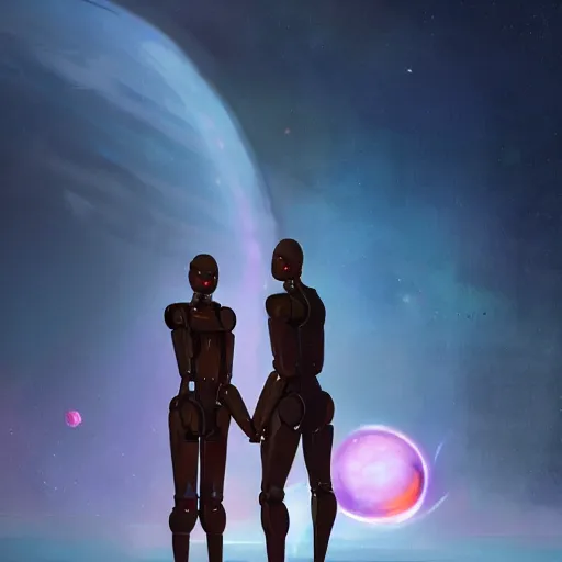 Image similar to digital painting of two humanoid robots hugging each other, supernova in the background, stars and planets and galaxy, stunning, surreal, cinematic lighting, concept art by greg rutkowski and simon stalenhag