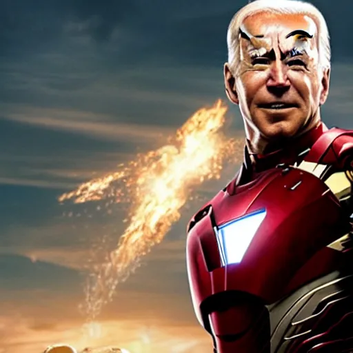 Image similar to promotional image of Joe Biden as Iron Man in Iron Man（2008）, he wears Iron Man armor without his face, movie still frame, promotional image, imax 70 mm footage