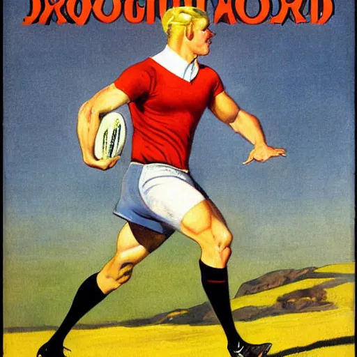 Prompt: 1920s magazine advertisement featuring a handsome blonde rugby player in a running pose, rugby ball in the crook of his arm, full color painting by J.C. Leyendecker