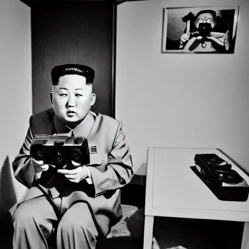 Prompt: hyperralism araki hobuyoshi style photography of detailed north korean kim chen with perfect face playing xbox in basement bedroom