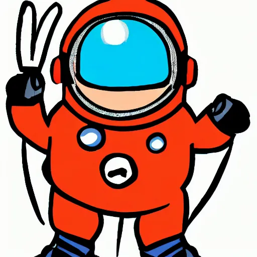 Prompt: 2 d cartoon of a red, short, bean shaped astronaut with a long blue visor