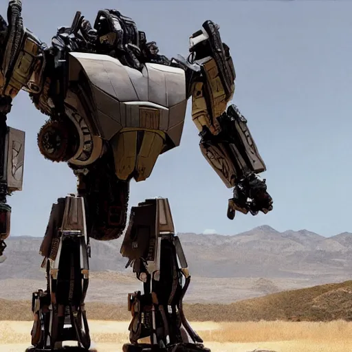 Image similar to cinematic still in westworld, full body mega mech by mamoru nagano