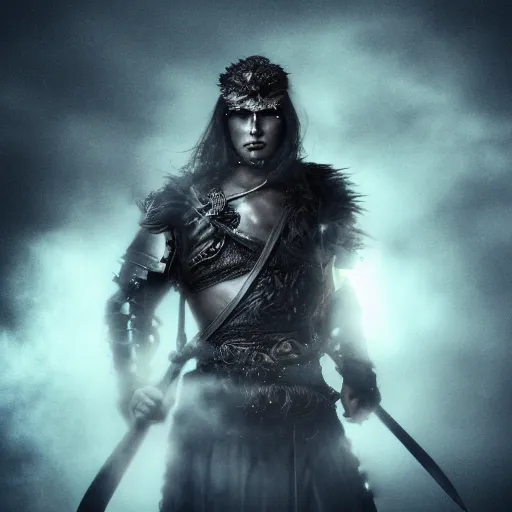 Image similar to a stunning portrait of a warrior, fantasy, glowing eyes, face, sharp focus, holding a sword, atmospheric, smoke, mist, lightning