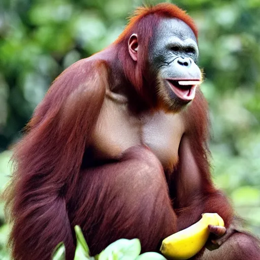 Image similar to an orangutang putin eating a banana