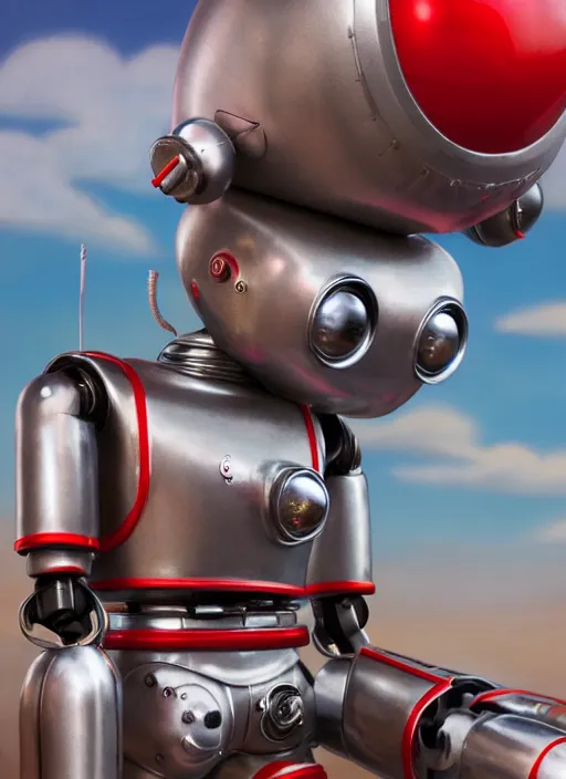 Prompt: highly detailed closeup, profile portrait of a tin toy 1 9 5 0 s robot spaceport, bikini, unreal engine, nicoletta ceccoli, mark ryden, earl norem, lostfish, global illumination, detailed and intricate environment
