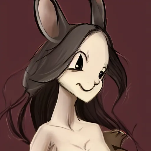 Image similar to headshot of young female furry, D&D, cute, fantasy, intricate, long hair, dark grey skin, mouse face, mouse nose, dark skin, mouse head, mouse ears, black hair, elegant, highly detailed, cartoony, artstation, concept art, smooth, sharp focus, illustration, art by Diives