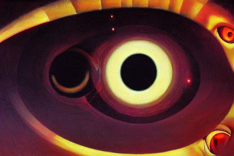 Image similar to eye as a black hole, art deco, moebius, cinematic lighting, beautiful, elegant, oil painting,