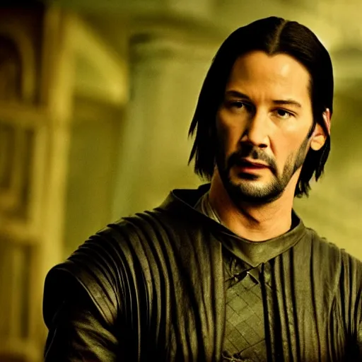 Prompt: young Keanu Reaves in Game of Thrones, high contrast, high saturation cinematic film still