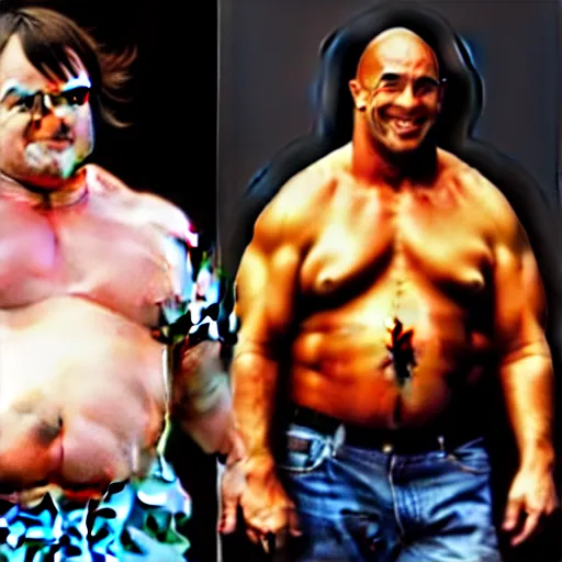 Prompt: one person. jack black and the rock as a single portly buff man