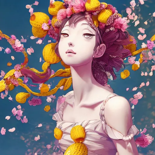 Prompt: the portrait of an absurdly beautiful, graceful, elegant young anime woman made of bananas and petals looking up, an ultrafine detailed illustration by kim jung gi, irakli nadar, intricate linework, bright colors, octopath traveler, final fantasy, angular, unreal engine 5 highly rendered, global illumination, radiant light, detailed and intricate environment